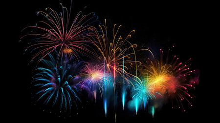 Multicolor fireworks explosion in night sky. Black background. AI Generative.の素材