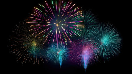 Multicolor fireworks explosion in night sky. Black background. AI Generative.の素材