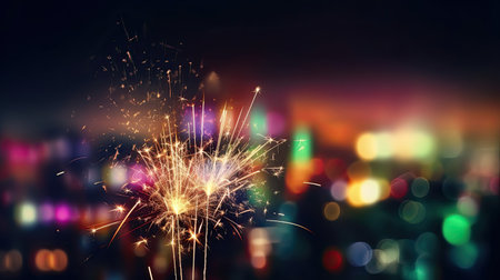 Glittering burning sparkler with multicolor defocused night city background, bokeh lights. AI Generative.の素材