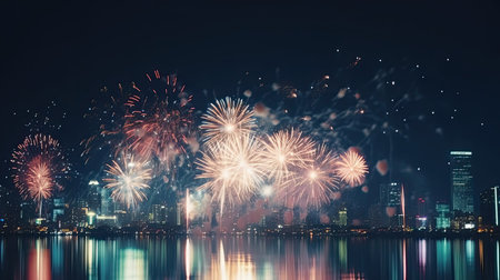 Multicolor fireworks explosion in night sky. Defocused night city background. AI Generative.の素材