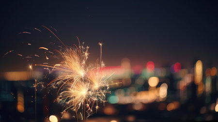 Glittering burning sparkler with multicolor defocused night city background, bokeh lights. AI Generative.の素材