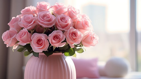 Bouquet of pink roses in the vase. Beautiful floral composition for wedding, Valentine's day, birthday. Soft focus background.の素材