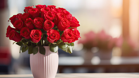 Bouquet of red roses in the vase. Beautiful floral composition for wedding, Valentine's day, birthday. Soft focus background.の素材