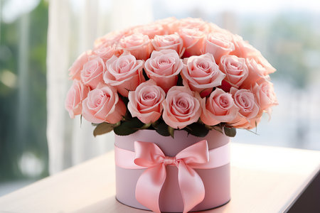 Bouquet of pink roses in the vase. Beautiful floral composition for wedding, Valentine's day, birthday. Soft focus background.の素材