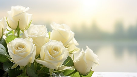 Bouquet of white roses. Beautiful floral composition for wedding, Valentine's day, birthday. Soft focus background.の素材