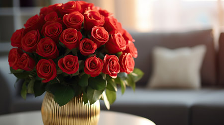 Bouquet of red roses in the golden vase. Beautiful floral composition for wedding, Valentine's day, birthday. Soft focus background.の素材