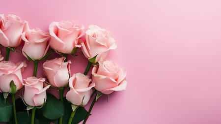 Bouquet of pink roses on the pink background. Beautiful floral composition for wedding, Valentine's day, birthday. Top view, copy space.の素材