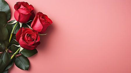 Bouquet of red roses on the red background. Beautiful floral composition for wedding, Valentine's day, birthday. Top view, copy space.の素材