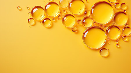 Round drops of transparent serum gel on yellow background. Top view, copy space.の素材