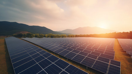 Solar panels, sunset landscape. Theme of environment and green energy concept.の素材