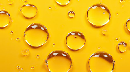 Round drops of transparent serum gel on yellow background. Top view.の素材