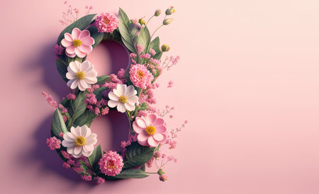 8 March. International Women's Day. Floral number 8, pink background. AI Generative illustration.の素材