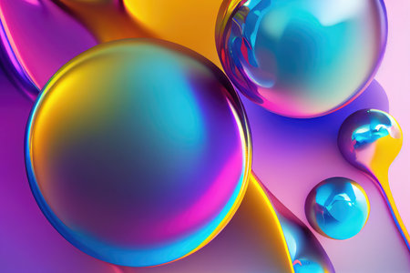 Colorful gradient 3d waved background with glossy spheres. Iridescent reflection effect. Liquid modern abstraction. AI Generative illustration.の素材