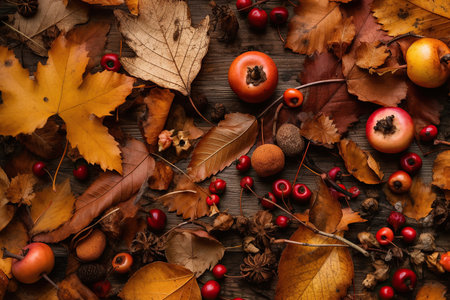 Autumn leaves and fruits on the wood table. Autumn seasonal background.の素材