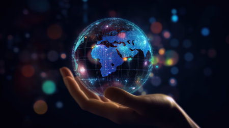 Woman holding circle global network connection. Big data analytics and business network communication and technology concept. AI Generative.の素材