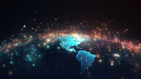 Big data abstract background with planet Earth. Futuristic technology network concept. Global database visualization. Neon multicolor effect. Generative AIの素材