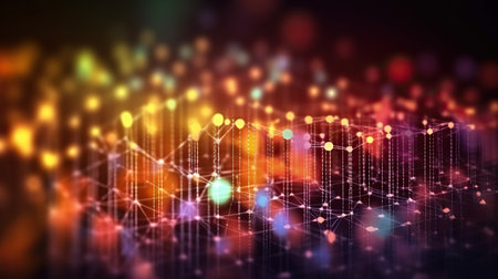Big data abstract background. Technology network concept. Futuristic global database visualization. Neon multicolor effect. AI Generative.の素材