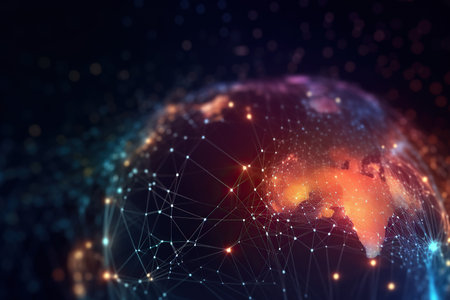 Big data abstract background with planet Earth. Futuristic technology network concept. Global database visualization. Neon multicolor effect. Generative AIの素材