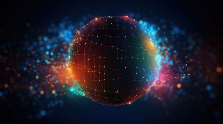 Big data abstract background with planet Earth. Futuristic technology network concept. Global database visualization. Neon multicolor effect. Generative AIの素材
