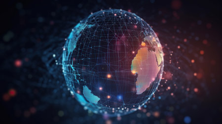 Big data abstract background with planet Earth. Futuristic technology network concept. Global database visualization. Neon multicolor effect. Generative AIの素材