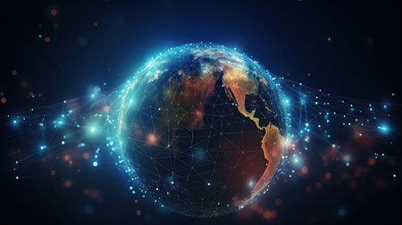 Big data abstract background with planet Earth. Futuristic technology network concept. Global database visualization. Neon multicolor effect. Generative AIの素材