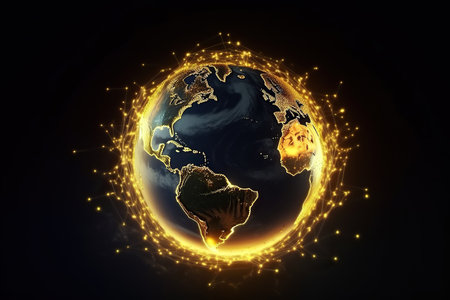 Big data abstract background with planet Earth. Futuristic technology network concept. Global database visualization. Neon multicolor effect. Generative AIの素材