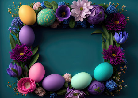 Easter frame with eggs and spring flowers. Easter floral realistic composition with copy space. Generative AI illustration.の素材