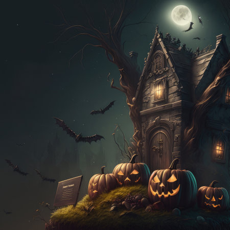 Halloween scary background with pumpkins, candles. Mystery dark composition.の素材