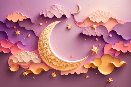 Ramadan Kareem paper cut composition with gold crescent moon, stars and clouds. AI generative illustration.の素材