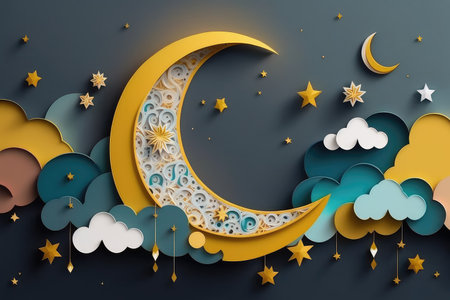 Ramadan Kareem paper cut composition with gold crescent moon, stars and clouds. AI generative illustration.の素材