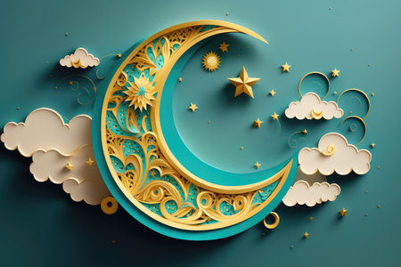 Ramadan Kareem paper cut composition with gold crescent moon, stars and clouds. AI generative illustration.の素材