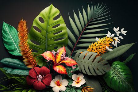 Exotic tropical leaves and flowers background. Summer concept. Generative AI illustration.の素材