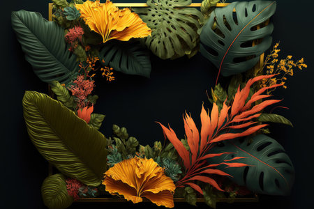 Exotic tropical leaves and flowers background. Summer concept. Generative AI illustration.の素材