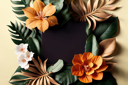 Exotic tropical leaves and flowers background. Summer concept. Generative AI illustration.の素材