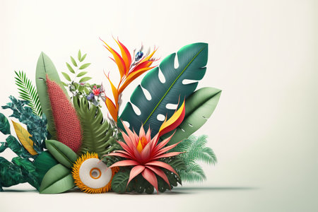 Exotic tropical leaves and flowers background. Summer concept. Generative AI illustration.の素材