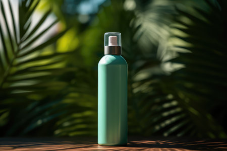 Beauty spa treatment, skin care cosmetic product in spray bottle. Tropical palm leaves soft focus. Beauty skincare herbal botanical mockup.の素材