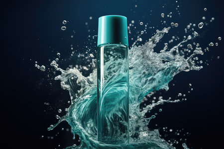 Transparent cosmetic bottle of tonic with water splash. Mockup for skincare and beauty product advertising. Blue color background.の素材