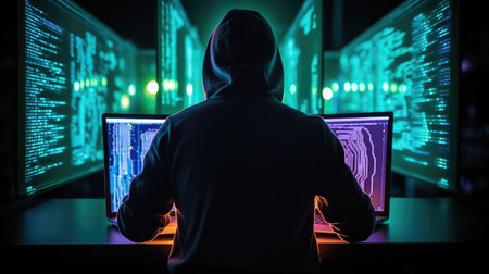 Hacker, coding, malware concept. Binary code neon background, Internet crime concept.の素材