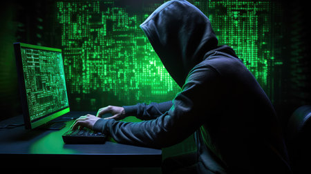 Hacker, coding, malware concept. Binary code neon background, Internet crime concept.の素材