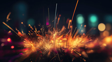 Glittering burning sparkler with multicolor defocused night city background, bokeh lights.の素材
