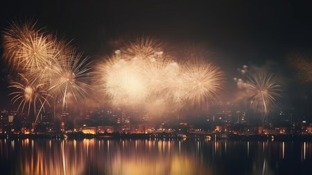 Multicolor fireworks explosion in night sky. Defocused night city background.の素材