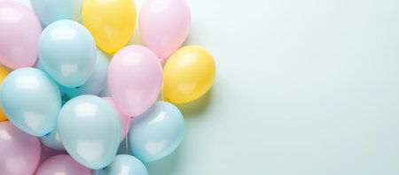 Colorful air balloons on the blue pastel background. Birthday concept with copy space.の素材