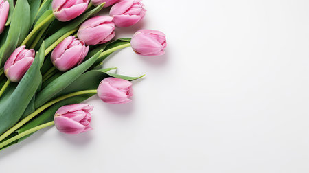 Layout of pink tulips on a white background.の素材