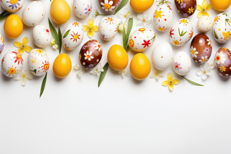 Easter composition with painted eggs and spring flowers. Easter holiday concept, flat lay, top view, copy space.の写真素材