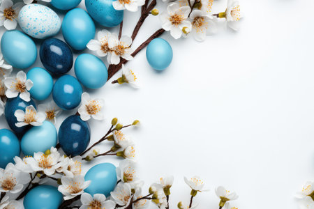 Easter composition with painted eggs and spring flowers. Easter holiday concept, flat lay, top view, copy space.の写真素材