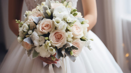 Wedding bouquet of roses in the bride's hands.の素材