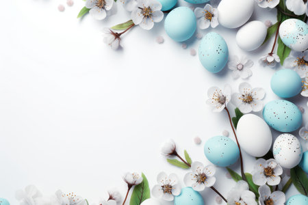 Easter composition with painted eggs and spring flowers. Easter holiday concept, flat lay, top view, copy space.の素材