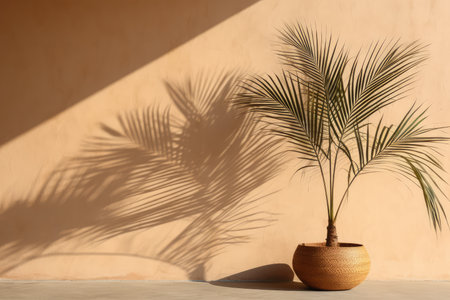 Stone podium with tropical palm leaves for product presentation. Mock up, show cosmetic product display.の素材