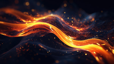 Abstract neon multicolor particles background. Glowing bokeh waves and surface grid.の素材
