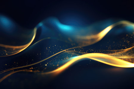 Abstract neon dark blue and gold particles background. Glowing bokeh waves and surface grid.の素材